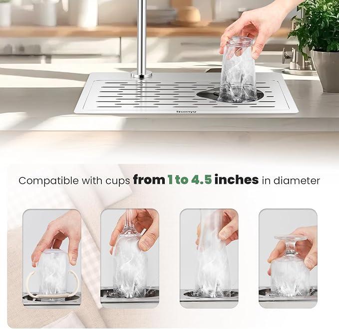 Huanyu Pitcher Rinser with Faucet | 360 Degree Rotating High-Pressure Nozzle | Stainless Steel Glass Rinser with Drain and Drip Tray | Funnel Shaped Sink | 18.11×9.05×11.82 in