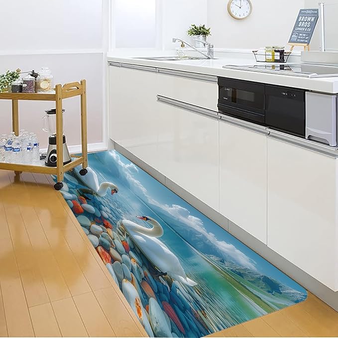 WODEJIA Non Slip Bath Rugs Sponge Foam for Bathroom,Flannel Mat Rug for Living Room, Absorbent MatS for Forlaundry Room and Kitchen,Swans On The Water Welcome Mat 47x18 Inches