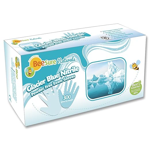 BeeSure BE2926 Naturals Glacier Nitrile Powder Free Exam Gloves, 3 mil, Small, Nitrile, Beaded-Cuff (Pack of 300),blue