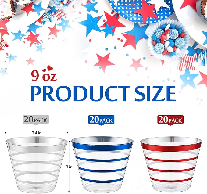 Gejoy 9 oz 60 Pcs 4th of July Rimmed Stripe Plastic Cups Bulk Disposable Wine Hard Plastic Drinking Cocktail Cups Tumblers for Wedding Gathering Party Supplies(Blue, Red, Silver)