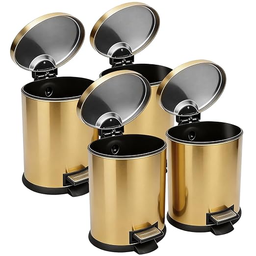 SIMPLYKLEEN Bathroom Trash Can with Lid - 4PC 1.3 Gallon/ 5L Oval Small Trash Can with Soft-Close Lid, Foot Pedal, Brushed Stainless Steel, Removable Liner, Garbage can for Kitchen, Office, Home Gold