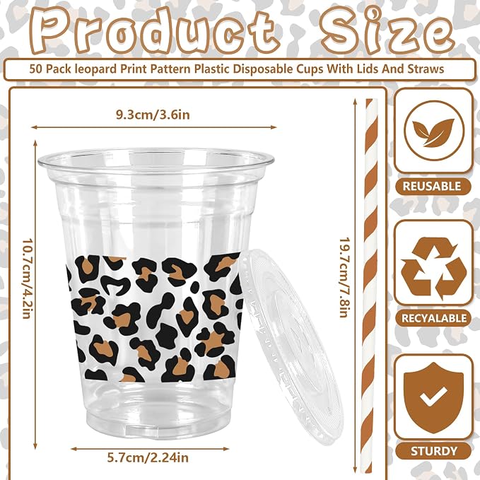 Whaline 50 Pcs Cheetah Plastic Cups with Lids and Straws Leopard Clear Plastic Cups 12 Oz Disposable Cup for Holiday Birthday Party Supplies