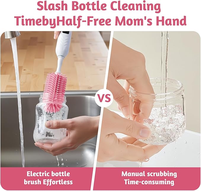 Electric Bottle Brush Cleaner with Drying Rack & LED Display, Rechargeable Baby Bottle Cleaning Kit, 360° Automatic Bottle Washer for Travel & Home, Silicone Spin Brush Set for New Parents, Pink