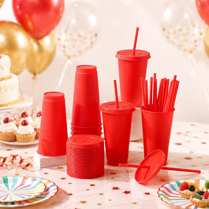 Honeydak 60 Pack Tumbler with Straw and Lid Bulk Cups for Gifts Water Bottle Iced Coffee Travel Mug Cup Reusable Plastic Tumblers for Party Birthdays 24-27 oz (Red Color)