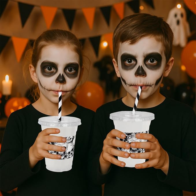 Whaline 50 Pcs 12 Oz Halloween Disposable Plastic Cups with Lids and Straws Black Gothic Sketch Skull Floral Cold Beverage Drinking Cups for Trick or Treat Party Supplies