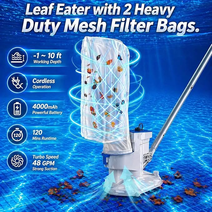 2026 Upgraded Cordless Pool Leaf Vacuum Cleaner with Dual Filter Bags for Above Ground & Inground Pools – Heavy Duty Swimming Pool Vacuum with Pole, 48GPM Strong Suction for Easy Leaf & Debris Removal