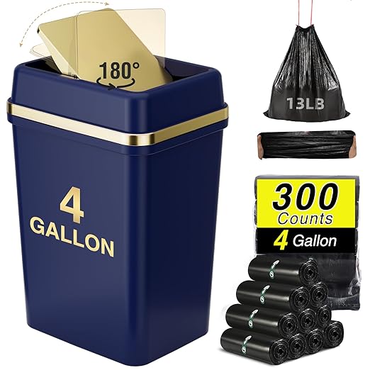 Bathroom Trash Can with Lid 4 Gallon Trash Can with Swing Lid Navy Blue Small Garbage Can Bathroom Garbage Can with 300 Counts Trash Bags for Kitchen Bedroom Office