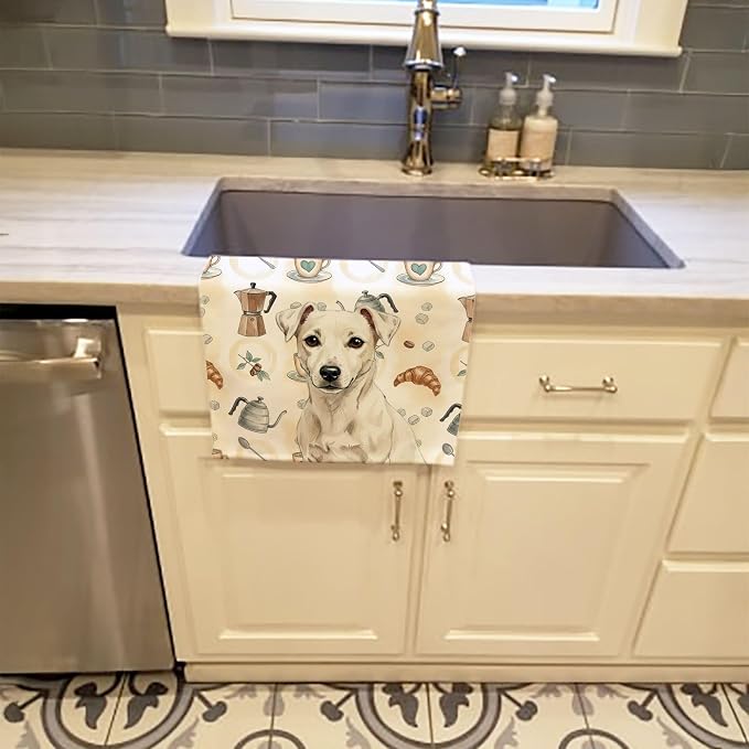 Caroline's Treasures White Jack Russell Terrier Coffee Bar Kitchen Towel Velour Plush Front and Cotton Loop Back Machine Washable