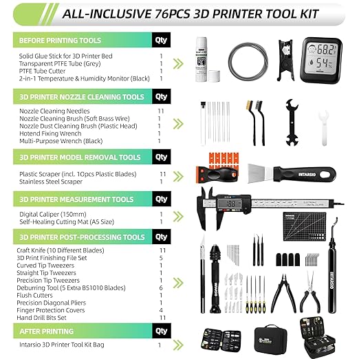 76pcs 3D Printer Tools Kit with Bag, 3D Printer Accessories includes Digital Caliper, Hygrometer, PTFE Tube Kit, Deburring Tool, Scrapers, Nozzle Cleaning, for Bambu Lab, Ender 3, FDM/SLA Printers etc