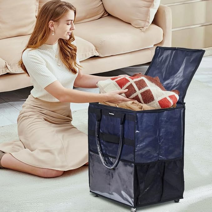 Reusable Grocery Bag On Wheels Large Capacity Shopping Trolley Foldable Rolling Tote with Outside Pocket, Heavy Duty Handle (Blue, Large)