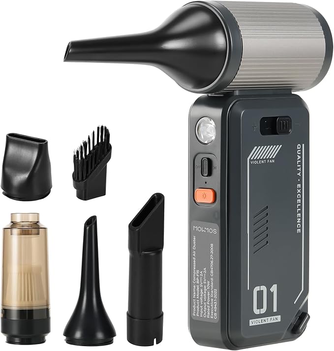 Compressed Air Duster - 130000RPM Rechargeable Electric Cordless Blower, Built-in Cable Power Bank, Vacuum Cleaner with Stepless Speed for Computer Keyboard, Car, Home and Outdoor - Black