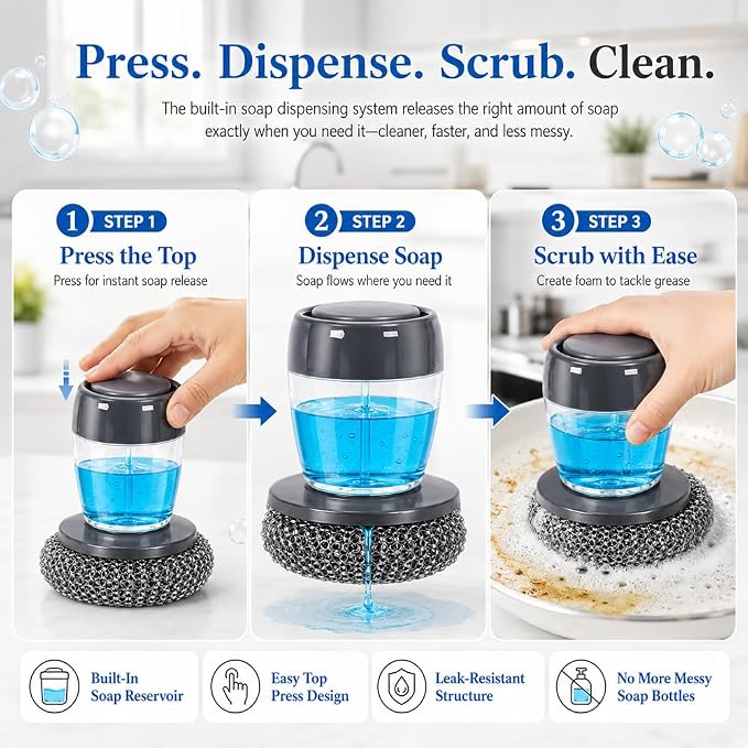 Soap Dispensing Palm Brush Set, 2 Pack Dish Scrubber with Soap Dispenser and 6 Replacement Steel Wool Pads, Press Top Kitchen Scrub Brush for Dishes Pots Pans Sink Cleaning