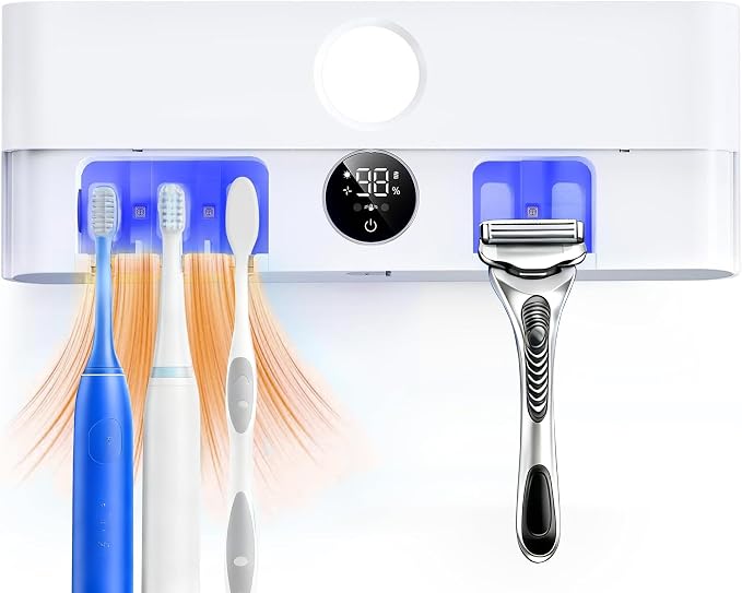 Smart Toothbrush Holder with Drying & Ventilation, 5 Brush Organizer with LED Display, Wall Mounted Storage with Shaver Slot for Family Bathroom