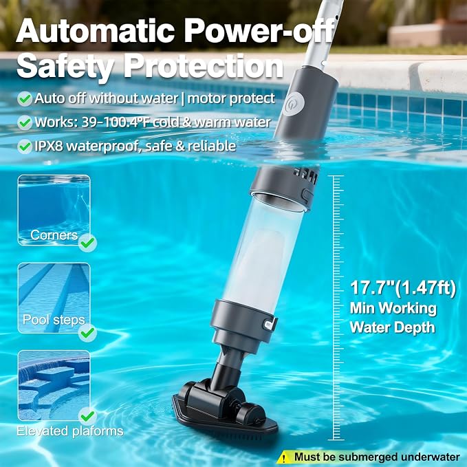 3 in 1 Cordless Spa Hot Tub Vacuum, Handheld Pool Vacuum for Small Above Ground Pool with 2 Brush Heads & 2 Filter Bags, 12 GPM Suction, 66.14" Pole, Rechargeable, 60min, One Click Activation