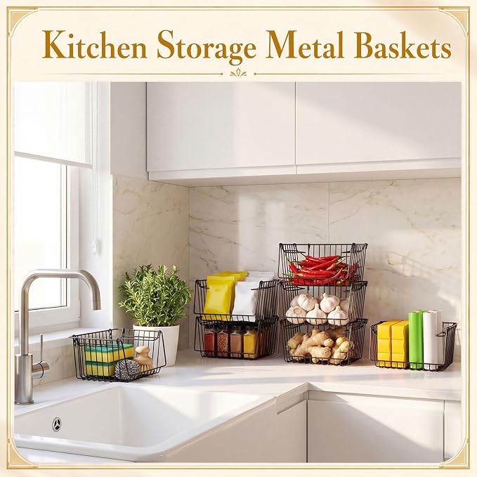 8 Pack Small Stackable Metal Wire Storage Baskets with Handles Bulk 6.5" L x 5.1" W x 3.5" H Mini Black Metal Wire Pantry Storage Bins for Countertop, Cleaning Supplies, Sauce, Toiletries