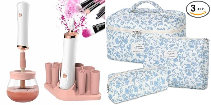 Senbowe Makeup Brush Cleaner and Large Cotton Floral Makeup Bag