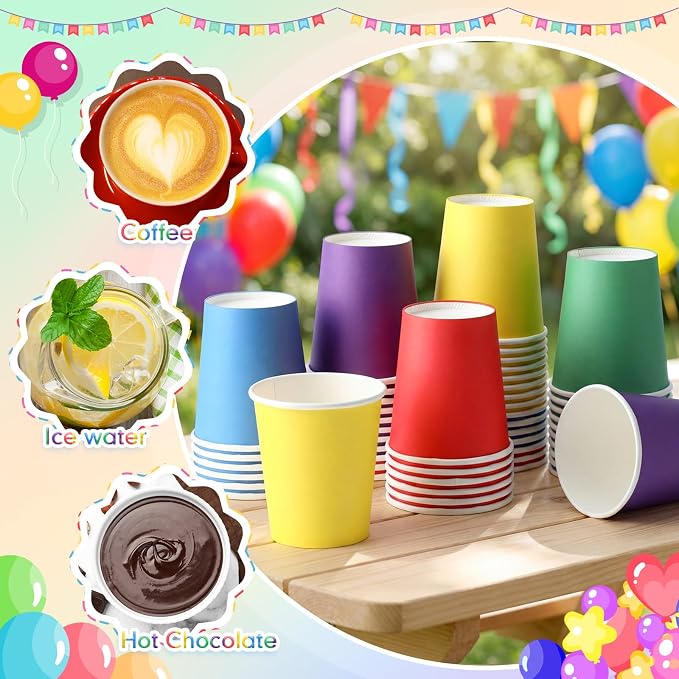 50 Pcs Rainbow Paper Cups 7 oz Disposable Party Cups Bulk for Birthday Rainbow Party Supplies DIY and Holiday Hot Cold Beverage