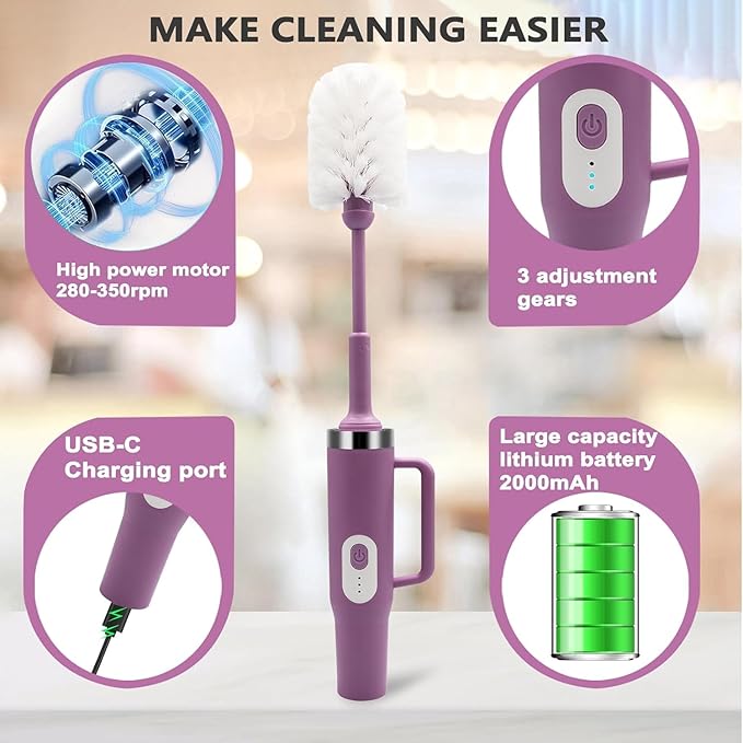 5 in 1 Electric Bottle Brush Cleaner Compatible Stanley Bottle Brush Straw Cleaner Multifunction Rechargeable IPX6 Waterproof Extra Long Design for Stanley Cup, Sports Bottle and More (Purple-1)