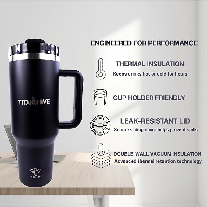 40 oz Insulated Stainless Steel Tumbler with Handle and Straw - Leak Resistant, Cup Holder Friendly Travel Mug (Matte Black)