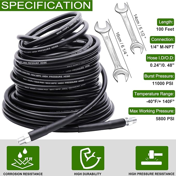 Sewer Jetter Kit 100FT for Pressure Washer, 5800PSI Drain Cleaner Hose 1/4 Inch NPT Corner Rotating and Button Nose Sewer Jetting Nozzle Spanner Waterproof Tape Pearl Corsage Pin