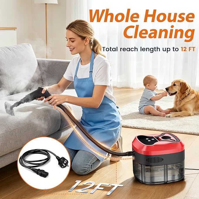 Handheld Steam Cleaner, 6-Level Adjustable Handle, 15s Heat-Up, 1800W High-Pressure Steamer for Cleaning with 1.6L Large Tank, Portable Steam Cleaner for Home, Car, Grout, Couch, Floor (Red)