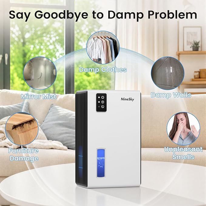 NineSky Dehumidifiers for Home, 1000 Sq.Ft Dehumidifier with 95oz Water Tank, Quiet Dehumidifier for Basement Bathroom Bedroom with 7-Color Ambient Light & Auto Shut Off, White
