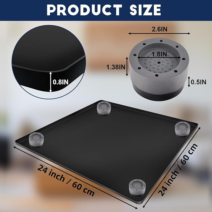 Mini Fridge Silicone Mat with 4 Base Raisers, 24'' x 24'' Under Refrigerator Mat Mini Fridge Drip Tray Reusable Floor Protection, Non-Slip Refrigerator Carpets for Fridge, Washing Machine, Dishwashers