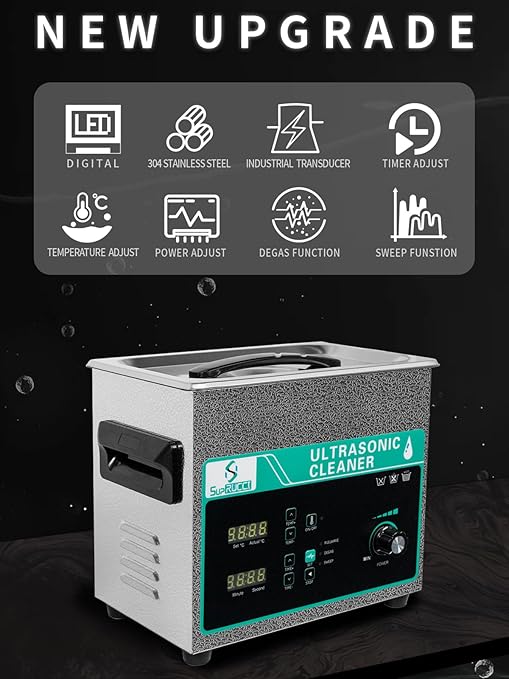 Ultrasonic Cleaner 3L with Adjustable Power & Sweep, 120W Ultra Sonic Cleaning Machine, Digital Timer and Heater, Heavy-Duty Parts Cleaner for Industrial, Motorcycle, and Hardware Tools