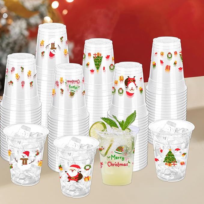 100 Pcs Christmas Party Cups, 12oz Disposable Cups Merry Christmas Disposable Clear Cups Plastic Party Cups for Party Favors Holiday Party Supplies