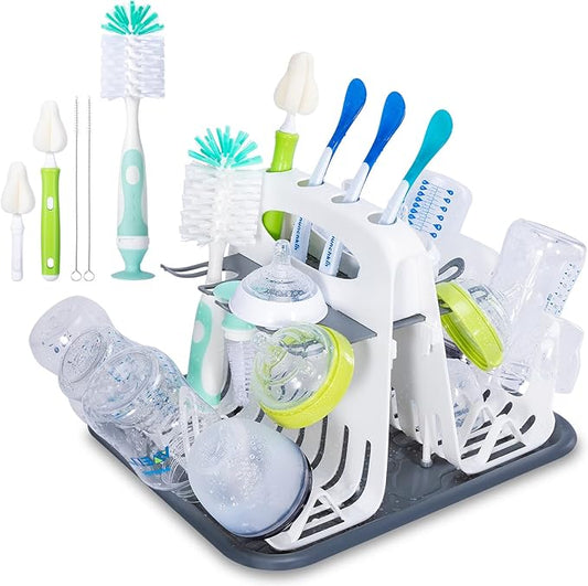 CAREBABYMORE High Capacity Drying Rack with 5pcs Brushes, Deluxe Countertop Drying Rack, Universal Drying Station, Baby Bottle Drying Rack with Bottle Brushes, White