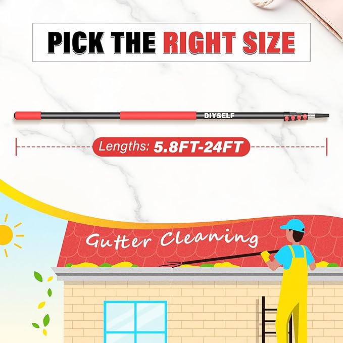 DIYSELF 24 FT Paint Roller Extension Pole, 5.8-24 Ft Adjustable Telescoping Pole, Sponge Grip, Sturdy Extension Pole for Cleaning, Aluminum Extendable Pole for Painting, Window & Gutter Washing