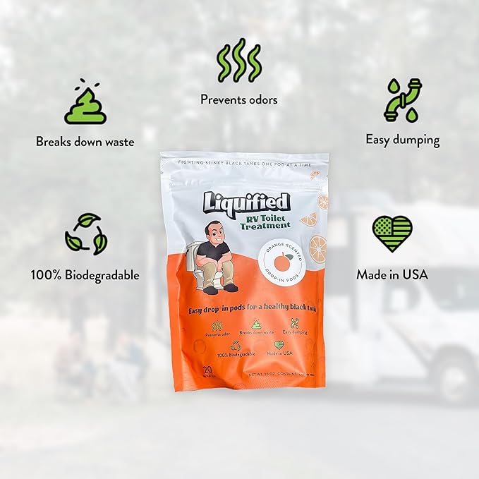 Liquified RV Toilet Treatment Drop-Ins - Prevents Tank Odors - Breaks Down Waste and Tissue - Septic Tank Safe - Matts RV Reviews - Orange Scent - 60 Treatments (60 1oz pods)