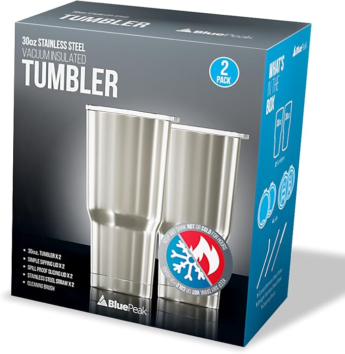 BluePeak Double Wall Vacuum Stainless Steel Insulated Tumblers Set, 2-Pack - Includes 2 Sipping Lids, 2 Spill-Proof Sliding Lids, 2 Straws, 1 Cleaning Brush & Gift Box (30 oz, Black)