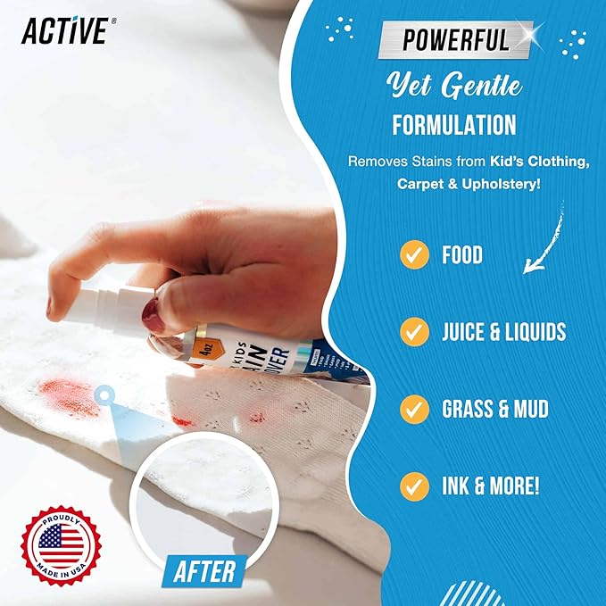 ACTIVE Messy Kids Stain Remover and Washing Machine Cleaner - Includes 12oz Kid Stain Removal Spray and 24ct Washing Machine Cleaner Tablets
