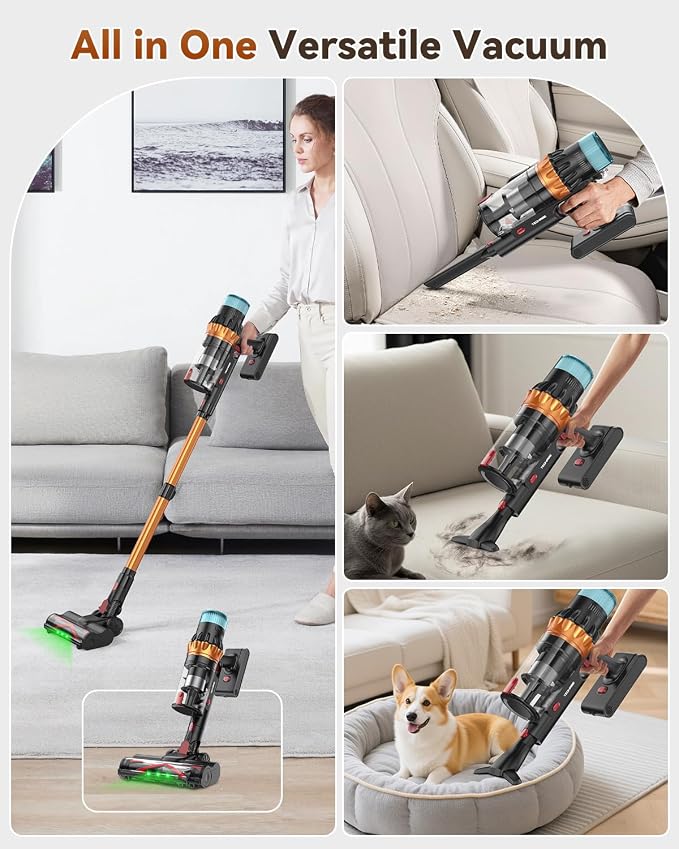 TechRise Cordless Vacuum Cleaner, 58KPA 680W 70Mins Stick Vacuum with LED Touchscreen, 3+1Smart Modes, Anti-Tangle & 8-in-1 Filter, Self-Standing Cordless Vacuum for Home/Pet Hair/Carpet/Floor