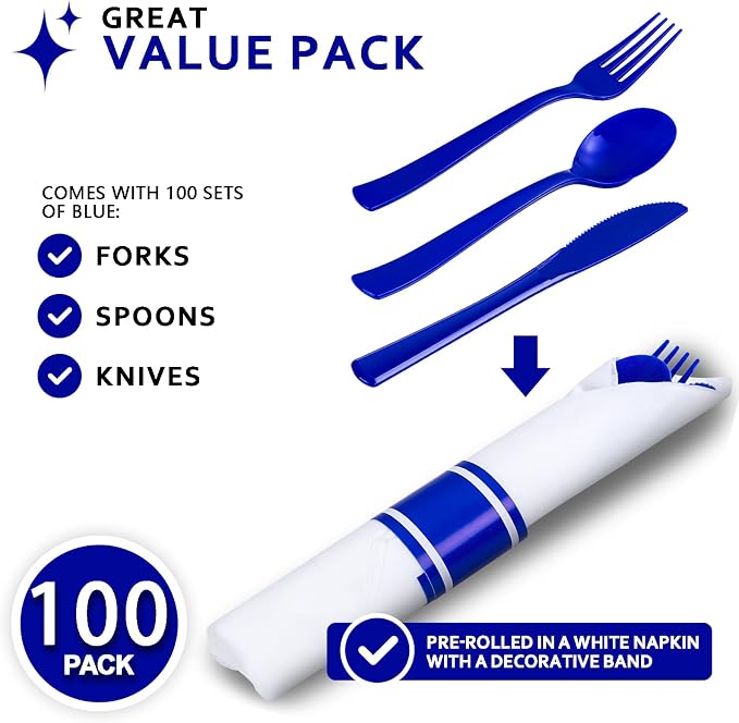 400PCS Pre Rolled Blue Plastic Silverware Sets - Heavy Duty Blue Cutlery - Include 100 Pack Wrapped Disposable Utensils with Napkins for Parties & Weddings & Independence Day & 4th of July