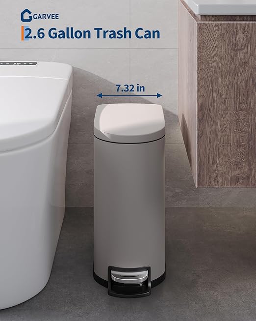 Garvee 2.6 gal / 10 L Metal Bathroom Trash Can with Lid, Slim Waterproof Garbage Can for Bedroom, Small Step-on Trash Bin with Inner Bucket, Rear Handle, Soft Close Lid, Grey