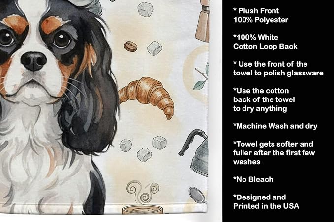 Caroline's Treasures Tricolor Cavalier Spaniel Coffee Bar Kitchen Towel Velour Plush Front and Cotton Loop Back Machine Washable