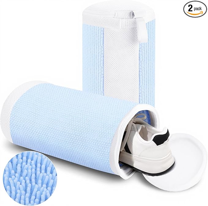 Dntorx Shoe Washing Machine Bags, 2 PCS Reusable Blue+White Chenille Laundry Bags for Washing Machine, 360 Wrap-Around Clean Shoe Laundry Bags with Hidden Zipper