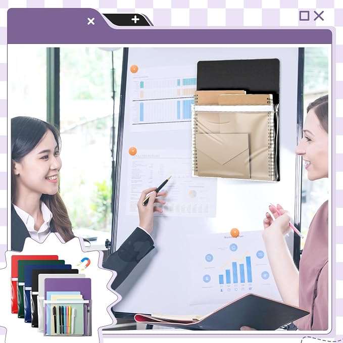 6 Pcs Magnetic File Holder Paper Holder Magnetic Pen Dry Erase Marker Organizer Magnet Pocket Pouch for Whiteboard Refrigerator, 12 x 9.5 in(Dark Color)