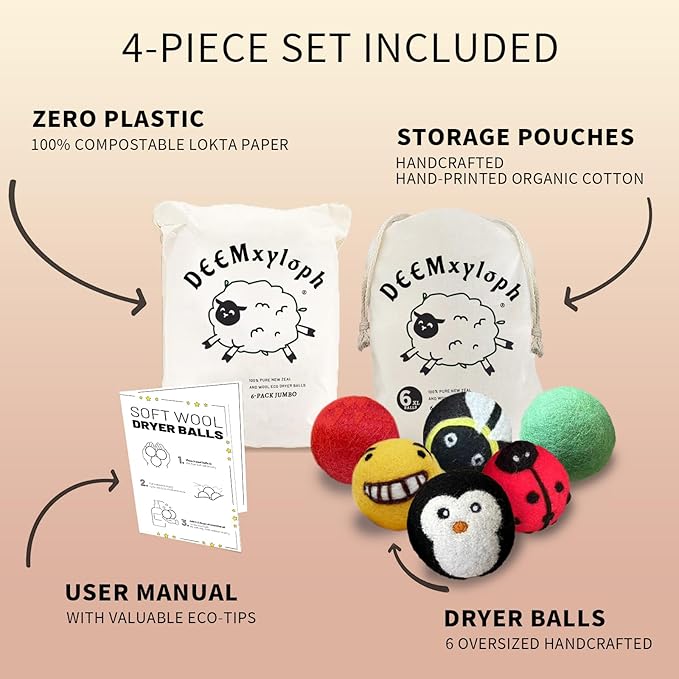 Ladybug Pattern Dryer Balls (6pcs/3"),Friendly Dryer Sheet Alternative, Red & Black Colorway, All-Season Use - Reduce Wrinkles & Lint for Bedding, Towels, Everyday Wear