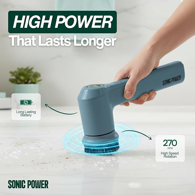 SonicPower Electric Spin Scrubber – Handheld & Ergonomic, IPX7 Waterproof, 4 Multi-Purpose Brush Heads, Long-Lasting Rechargeable Battery – Cleans Dishes, Bathroom, Tile, Grout & Kitchen (Steel Blue)