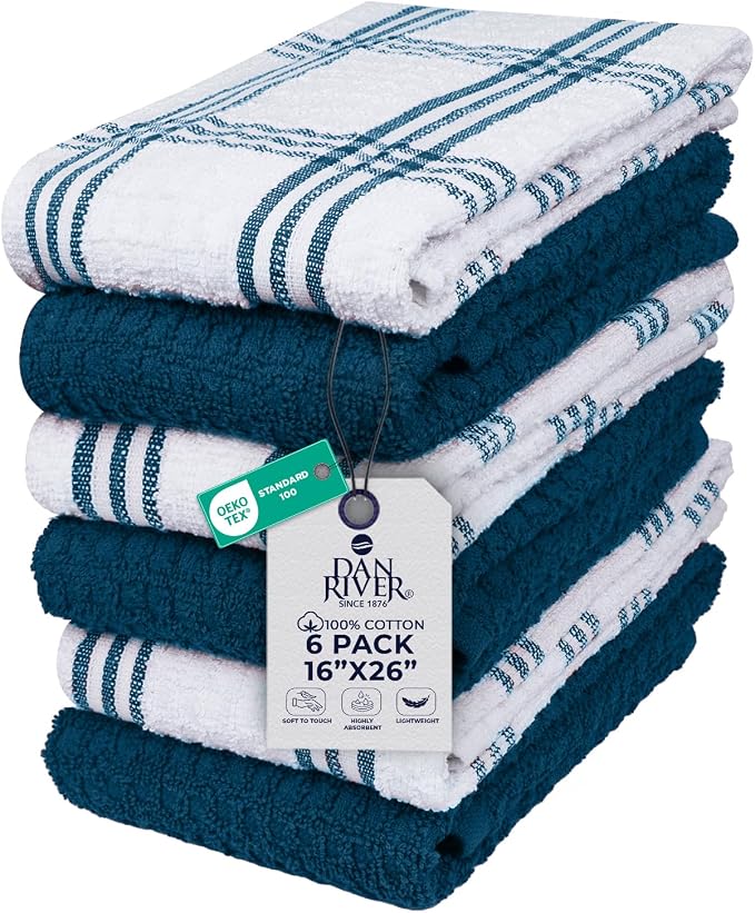 DAN RIVER Premium Blue Opal Kitchen Towels - [Pack of 6] 100% Cotton (16x 26 Inches) -Super Soft, Highly Absorbent Hand Towels, Quick Dry, Dish Towels, Tea and Bar Towels Set
