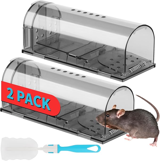 LULUCATCH Humane Mouse Traps 2 Pack | Live No Touch Catch and Release No Kill Rodent Traps | Reusable with Cleaning Brush | Pet Safe Indoor Outdoor for Mice, Rats, Chipmunks, Voles, Grey