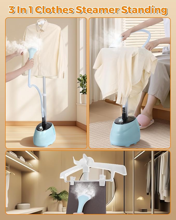 BEAMNOVA Clothing Steamer with Stand, Steam Iron for Clothes, Commercial Standing Garment Steamer, Wrinkle Remover with Ironing Board, 1.8L(61oz) Water Container, 10 Settings, Blue