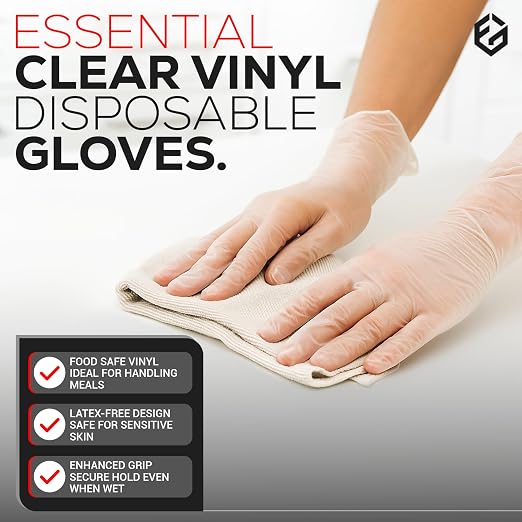FIRST GLOVE 6 Mil Essential Clear Vinyl Disposable Gloves - Hand Gloves for Food Handling & Cleaning, Multipurpose Use - Disposable Glove with Enhanced Grip, Hand Protection & Latex-Free -Small,1000ct