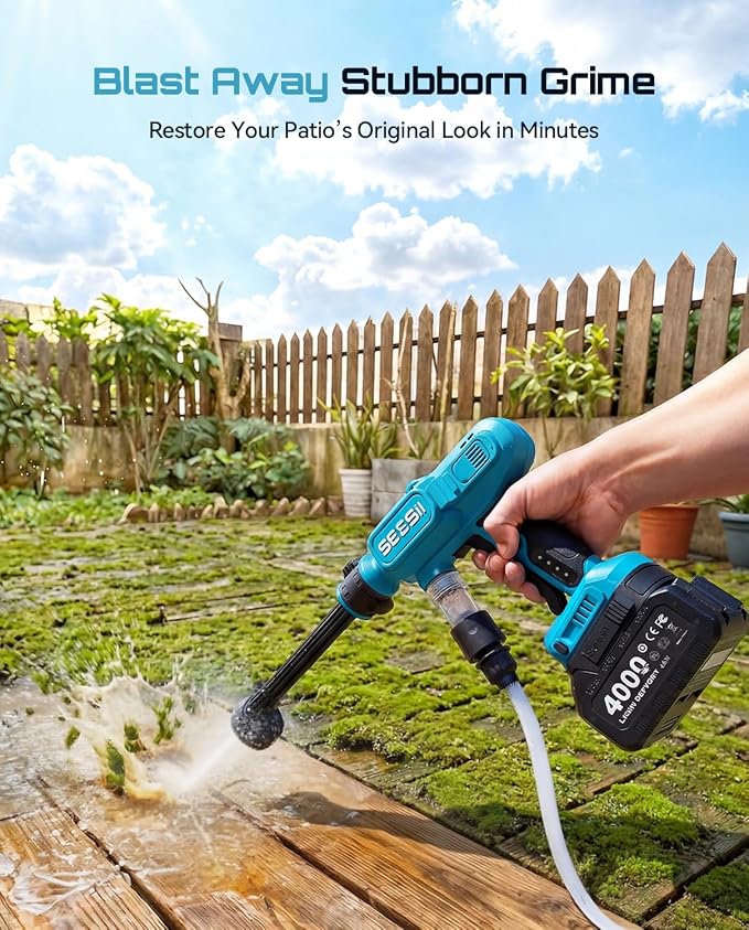 SEESII Cordless Pressure Washer, Portable Power Washer with 4000mAh Battery, Electric Washer Gun with 6-in-1 Nozzle & 27FT Hose, Handheld Power Cleaner for Car, Driveway, Garden, Patio and Fence