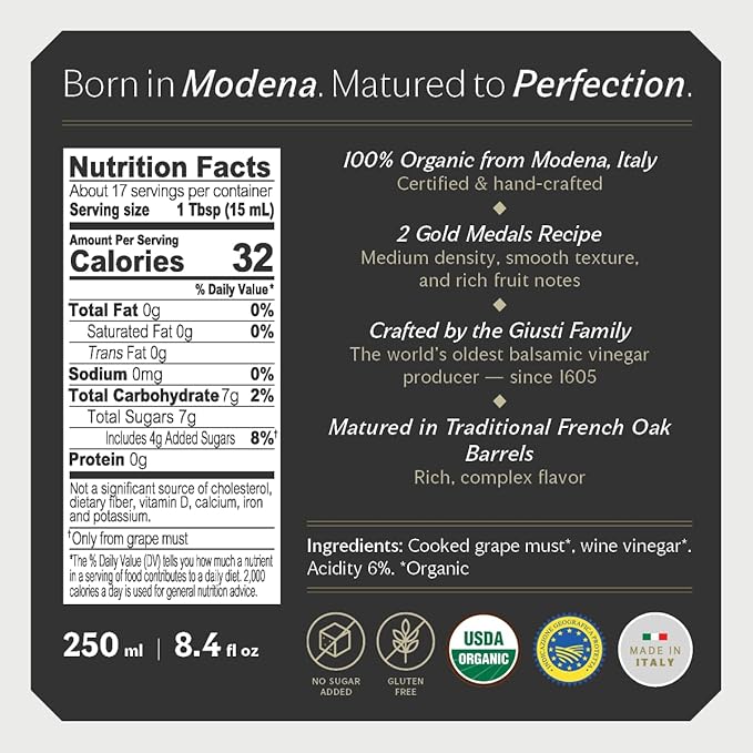 Giusti Organic Balsamic Vinegar of Modena IGP – 2 Gold Medals Gourmet Aceto Balsamico di Modena, Rich Flavor for Salads, Marinades, Cheese & Finishing, Made in Italy – 8.45 fl oz (250 ml) - Pack of 1