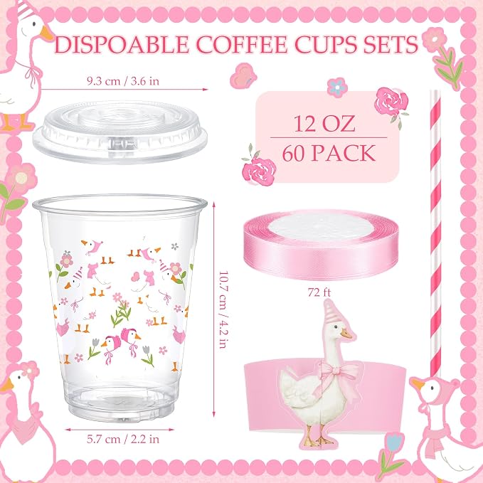 Jingmore 60 Sets Plastic Cups Bulk 12 oz Plastic Disposable Cups with Lids Sleeves and Straws Smoothie Clear Drink Disposable Party Favor Holiday Birthday Wedding Party Supplies(Silly Goose)
