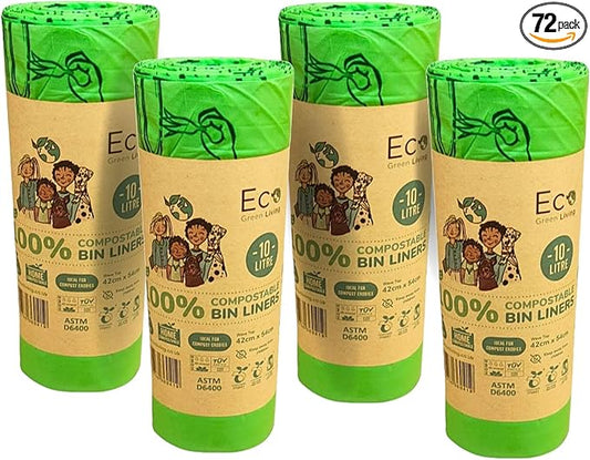Eco Green Living 100% Compostable Caddy Liners, Biodegradable Food Waste Bags. Plastic & BPA-Free 10L Bin Liners, Vegan, Recyclable, Leakproof Kitchen Waste Bags, 4 Pack, 72 Bags